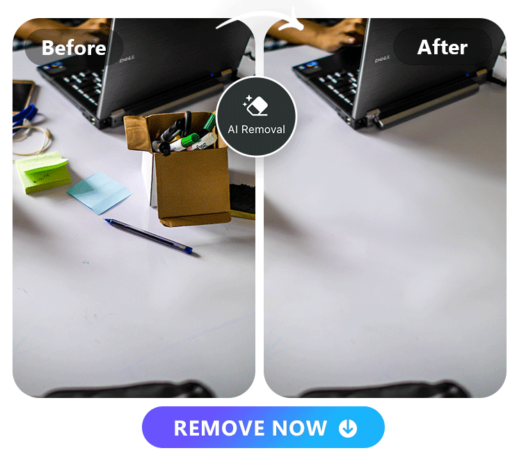 a messy desk photo and objects removed photo side by side